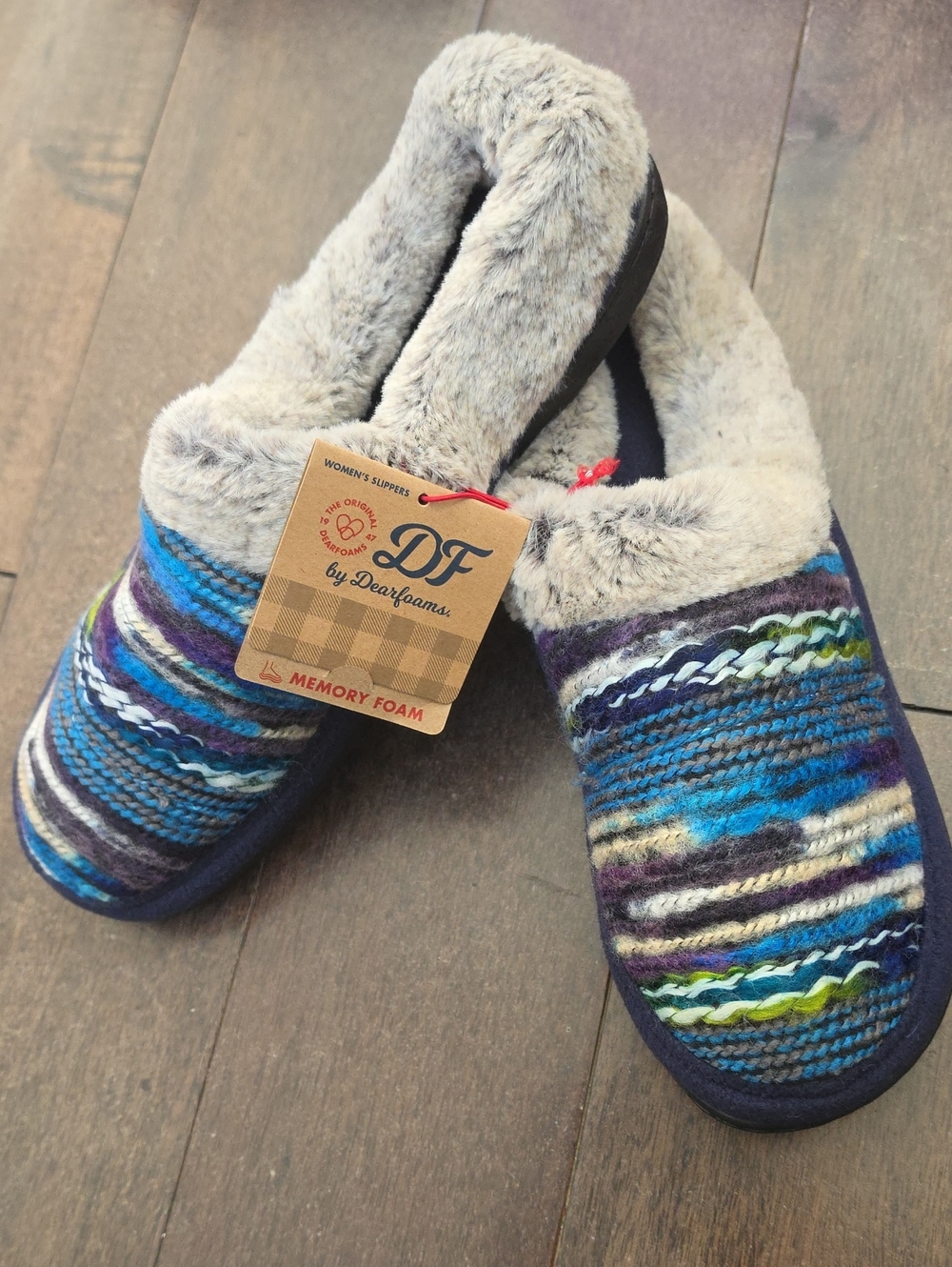 dearfoams Women's Blue Multi-Stripe Faux Fur-Lined Slippers XL Sz (11-12) NWT